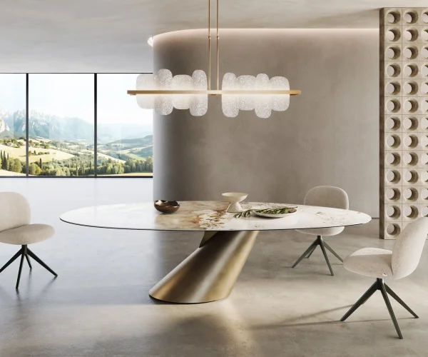 Esstisch Edge Oval 280x130 Keramik Minas Melange Weiß-Beige Cono Metallic Gold