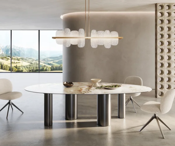 Esstisch Edge Oval 280x130 Keramik Minas Melange Weiß-Beige Pilier Edelstahl Graphit