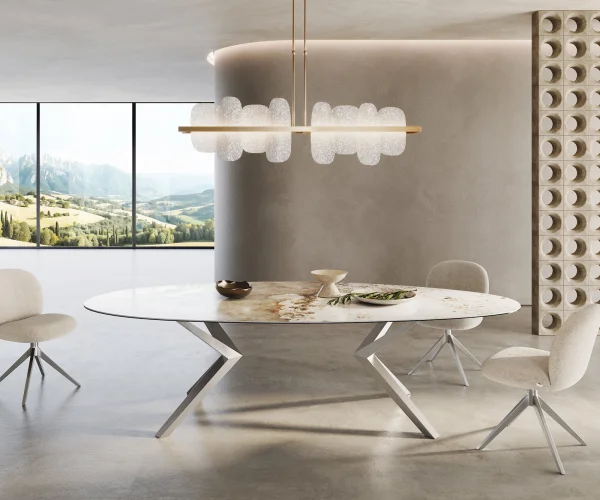 Esstisch Edge Oval 280x130 Keramik Minas Melange Weiß-Beige Zenthara kantig Edelstahl