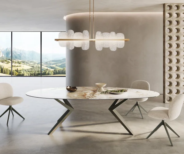Esstisch Edge Oval 280x130 Keramik Minas Melange Weiß-Beige Zenthara kantig Metall Effektfinish Titan