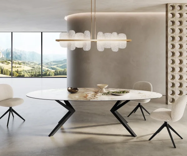 Esstisch Edge Oval 280x130 Keramik Minas Melange Weiß-Beige Zenthara kantig Metall Schwarz