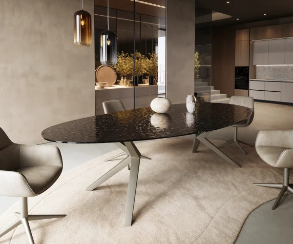 Esstisch Edge Oval 280x130 Reliefglas Rauchschwarz 3D-Design Zenthara kantig Metall Effektfinish Titan