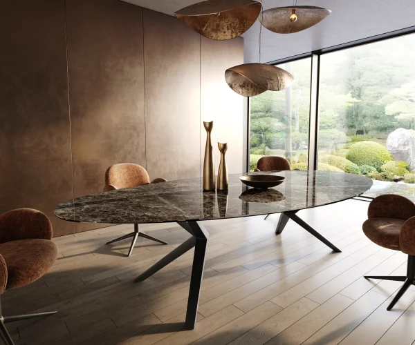 Esstisch Edge Oval 315x150 Keramik Laminam®Emperador Extra Lucidato Dunkelbraun Zenthara kantig Metall Schwarz