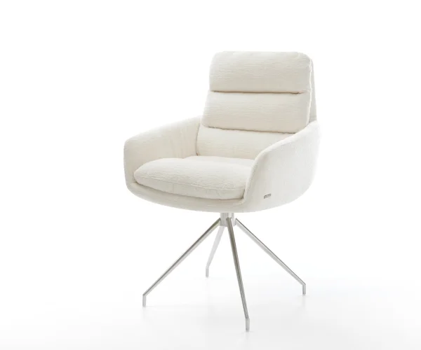 Esszimmerstuhl Abelia-Flex mit Armlehnen Bouclé Soft Beige Kreuzgestell konisch Edelstahl