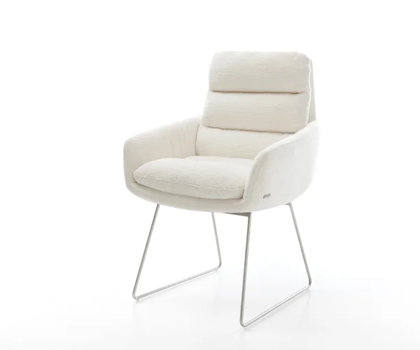 Esszimmerstuhl Abelia-Flex mit Armlehnen Bouclé Soft Beige Kufengestell Edelstahl
