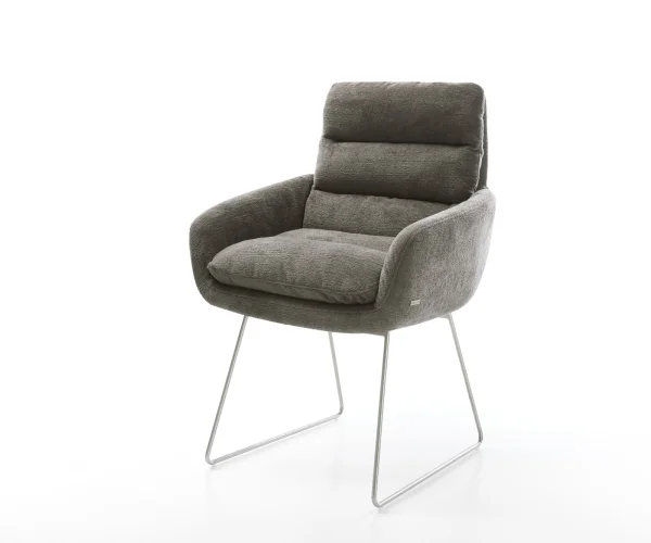 Esszimmerstuhl Abelia-Flex mit Armlehnen Bouclé Soft Schlamm Kufengestell Edelstahl