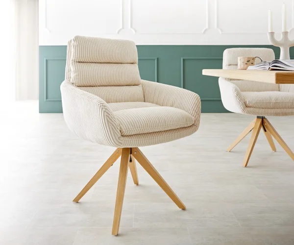 Esszimmerstuhl Abelia-Flex mit Armlehnen Cord Beige Holzgestell kantig Natur