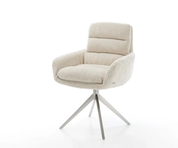 Esszimmerstuhl Abelia-Flex mit Armlehnen Cord Beige Kreuzgestell breit Edelstahl