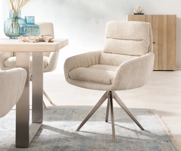 Esszimmerstuhl Abelia-Flex mit Armlehnen Cord Beige Kreuzgestell kantig Edelstahl