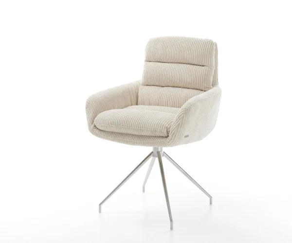 Esszimmerstuhl Abelia-Flex mit Armlehnen Cord Beige Kreuzgestell konisch Edelstahl