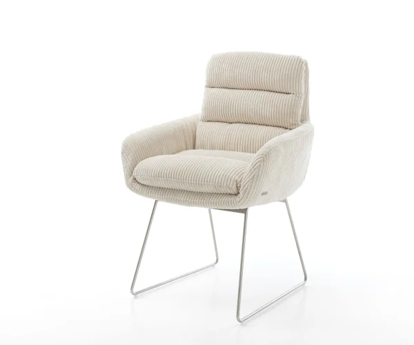 Esszimmerstuhl Abelia-Flex mit Armlehnen Cord Beige Kufengestell Edelstahl