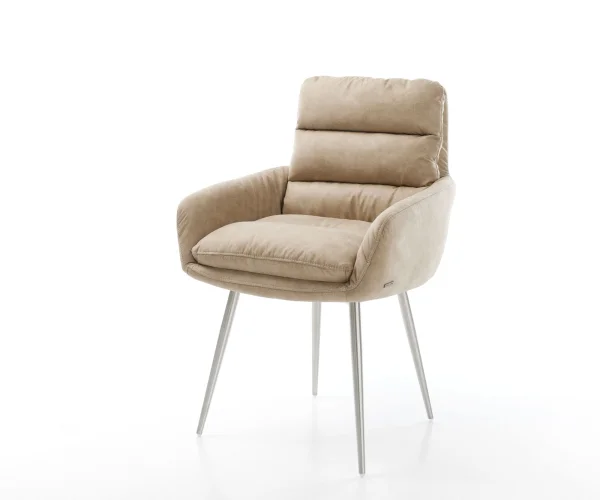 Esszimmerstuhl Abelia-Flex mit Armlehnen Mikrofaser Beige Vintage 4-Fuß konisch Edelstahl