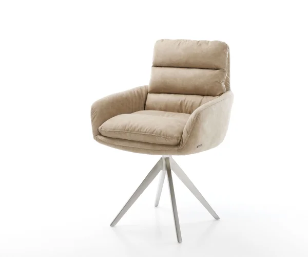Esszimmerstuhl Abelia-Flex mit Armlehnen Mikrofaser Beige Vintage Kreuzgestell kantig Edelstahl