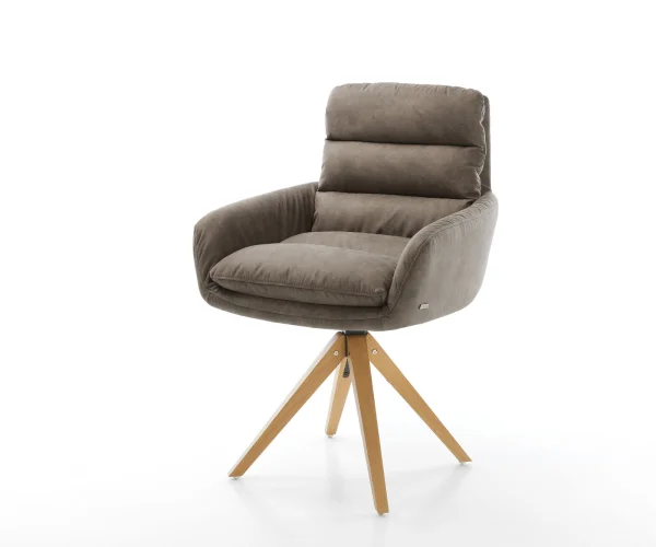 Esszimmerstuhl Abelia-Flex mit Armlehnen Mikrofaser Taupe Vintage Holzgestell kantig Natur
