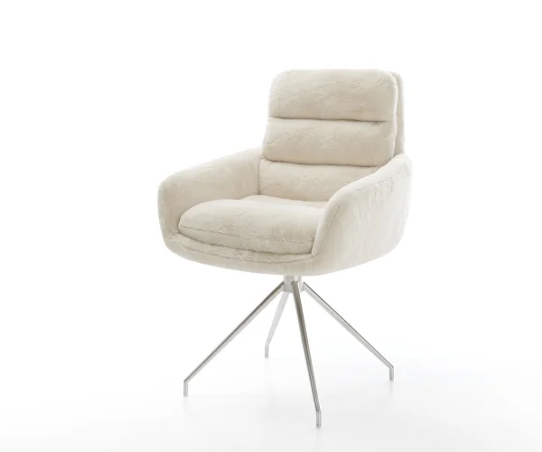 Esszimmerstuhl Abelia-Flex mit Armlehnen Plüsch Creme-Weiß Kreuzgestell konisch Edelstahl