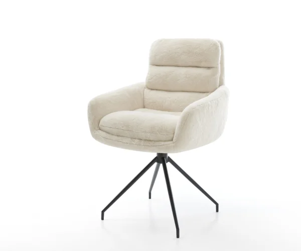 Esszimmerstuhl Abelia-Flex mit Armlehnen Plüsch Creme-Weiß Kreuzgestell konisch Schwarz