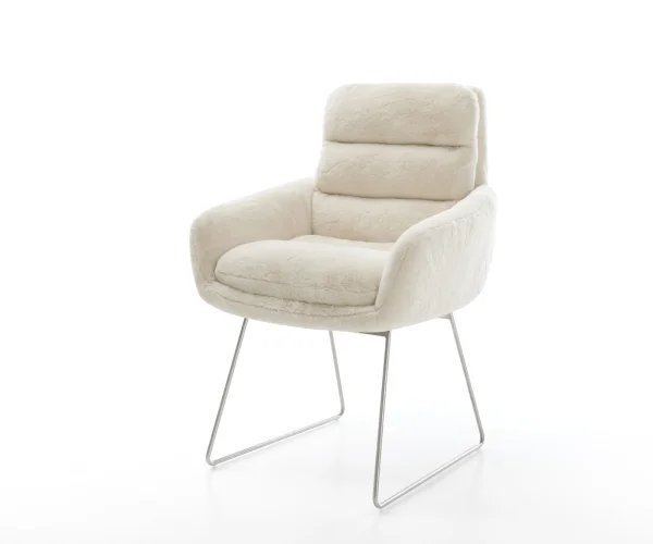 Esszimmerstuhl Abelia-Flex mit Armlehnen Plüsch Creme-Weiß Kufengestell Edelstahl