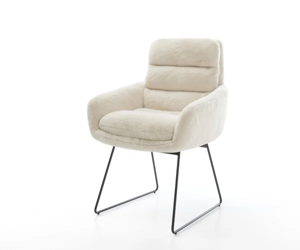 Esszimmerstuhl Abelia-Flex mit Armlehnen Plüsch Creme-Weiß Kufengestell Schwarz