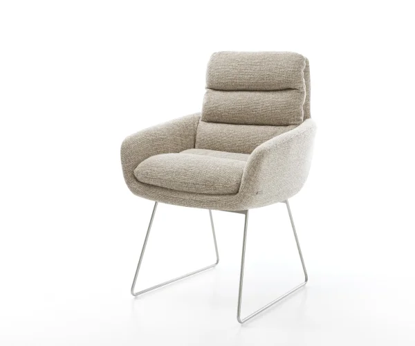 Esszimmerstuhl Abelia-Flex mit Armlehnen Webstoff Soft Beige Kufengestell Edelstahl