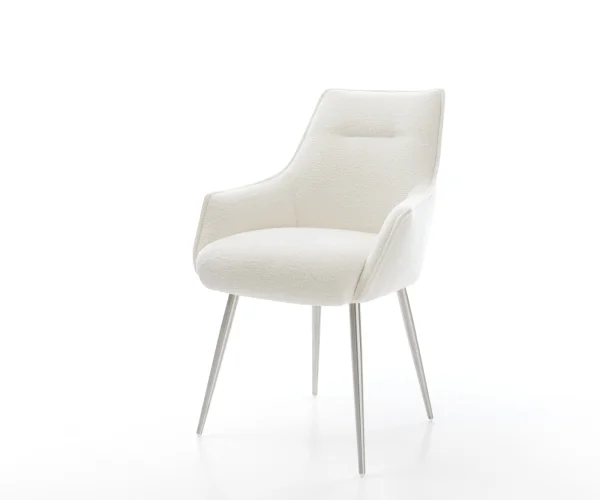 Esszimmerstuhl Alja-Flex mit Armlehnen Bouclé Soft Beige 4-Fuß konisch Edelstahl Taschenfederkern