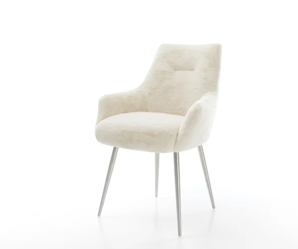 Esszimmerstuhl Alja-Flex mit Armlehnen Plüsch Creme-Weiß 4-Fuß konisch Edelstahl Taschenfederkern