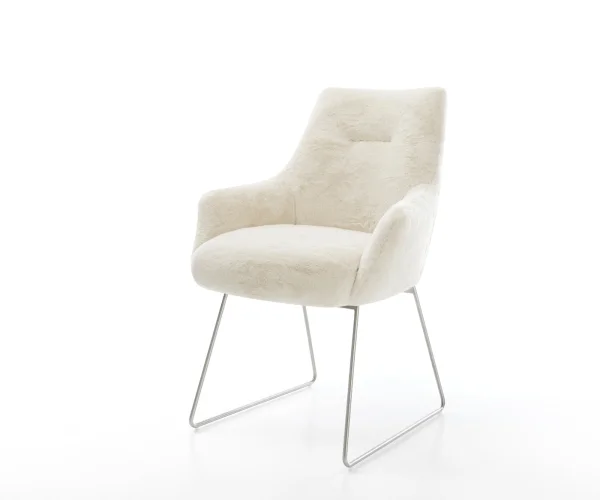 Esszimmerstuhl Alja-Flex mit Armlehnen Plüsch Creme-Weiß Kufengestell Edelstahl Taschenfederkern