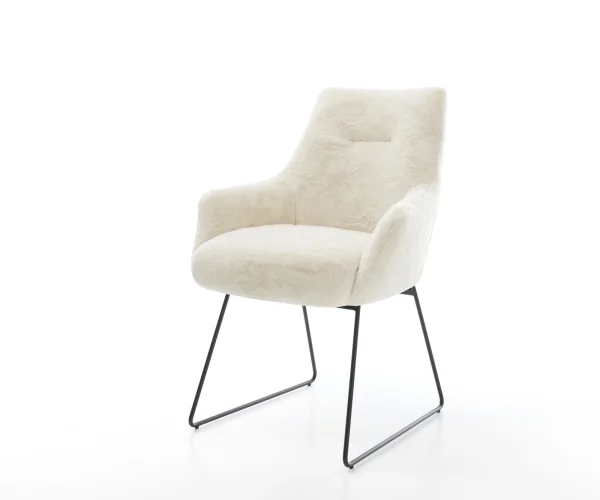 Esszimmerstuhl Alja-Flex mit Armlehnen Plüsch Creme-Weiß Kufengestell Schwarz Taschenfederkern