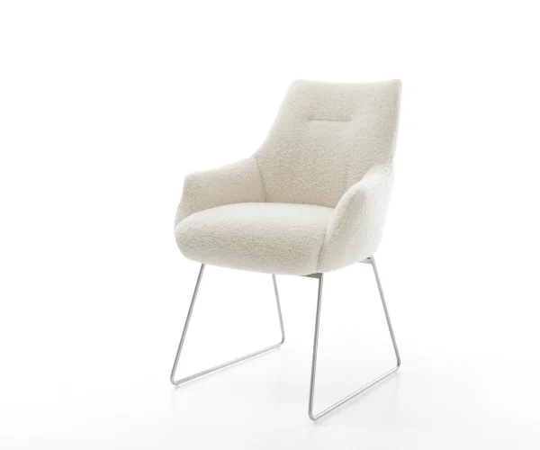 Esszimmerstuhl Alja-Flex mit Armlehnen Teddystoff Beige Kufengestell Edelstahl Taschenfederkern