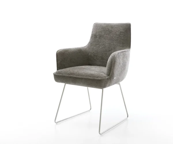 Esszimmerstuhl Heira-Flex mit Armlehnen Bouclé Soft Schlamm Kufengestell Edelstahl Taschenfederkern