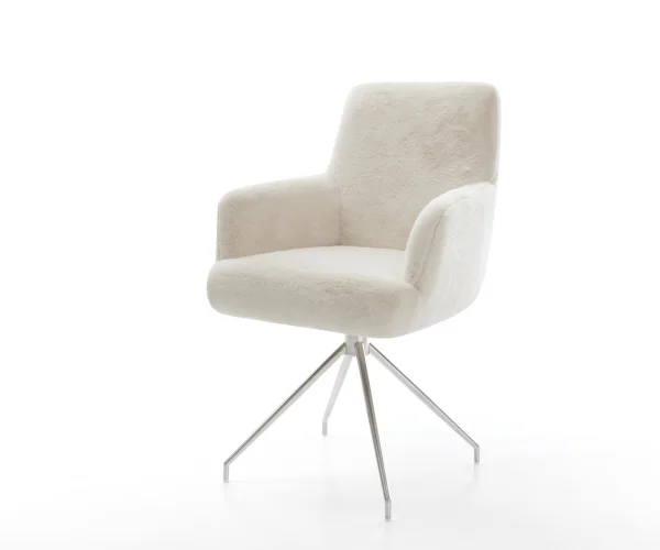 Esszimmerstuhl Heira-Flex mit Armlehnen Plüsch Creme-Weiß Kreuzgestell konisch Edelstahl Taschenfederkern