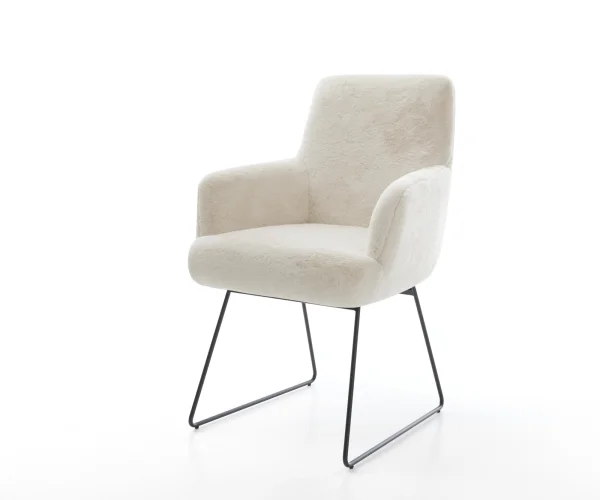Esszimmerstuhl Heira-Flex mit Armlehnen Plüsch Creme-Weiß Kufengestell Schwarz Taschenfederkern