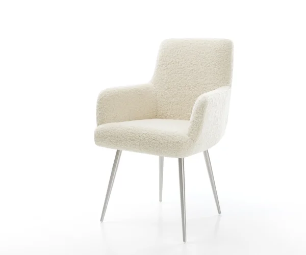 Esszimmerstuhl Heira-Flex mit Armlehnen Teddystoff Beige 4-Fuß konisch Edelstahl Taschenfederkern