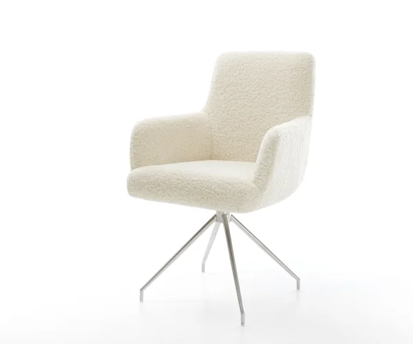 Esszimmerstuhl Heira-Flex mit Armlehnen Teddystoff Beige Kreuzgestell konisch Edelstahl Taschenfederkern