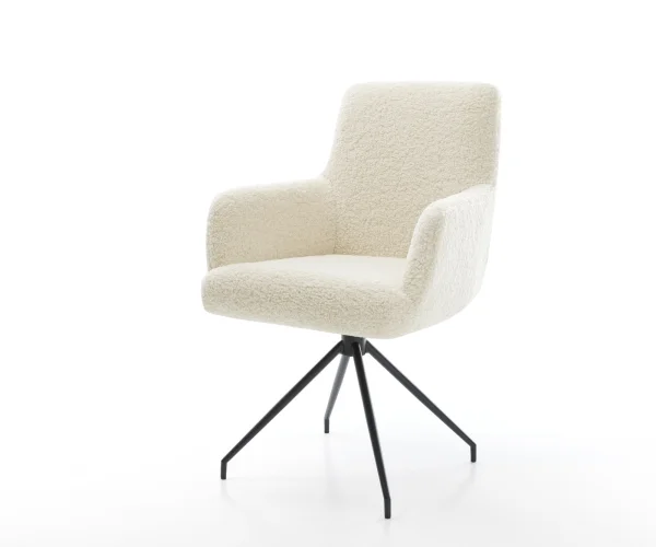 Esszimmerstuhl Heira-Flex mit Armlehnen Teddystoff Beige Kreuzgestell konisch Schwarz Taschenfederkern