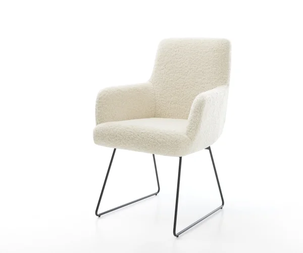 Esszimmerstuhl Heira-Flex mit Armlehnen Teddystoff Beige Kufengestell Schwarz Taschenfederkern
