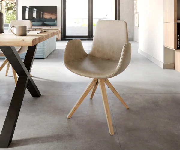Esszimmerstuhl Ilia-Flex mit Armlehnen Mikrofaser Beige Vintage Holzgestell kantig Natur