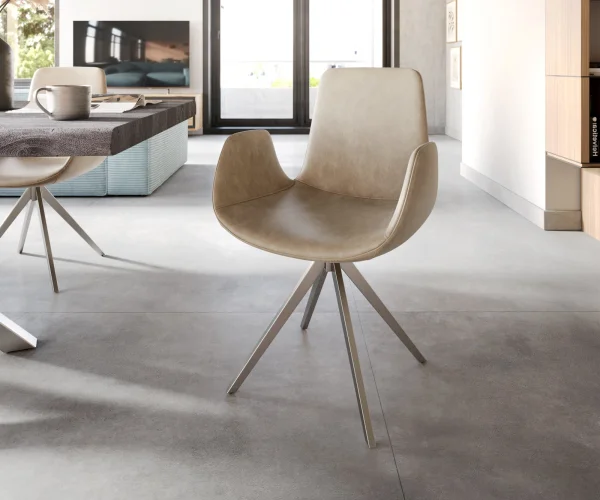 Esszimmerstuhl Ilia-Flex mit Armlehnen Mikrofaser Beige Vintage Kreuzgestell kantig Edelstahl