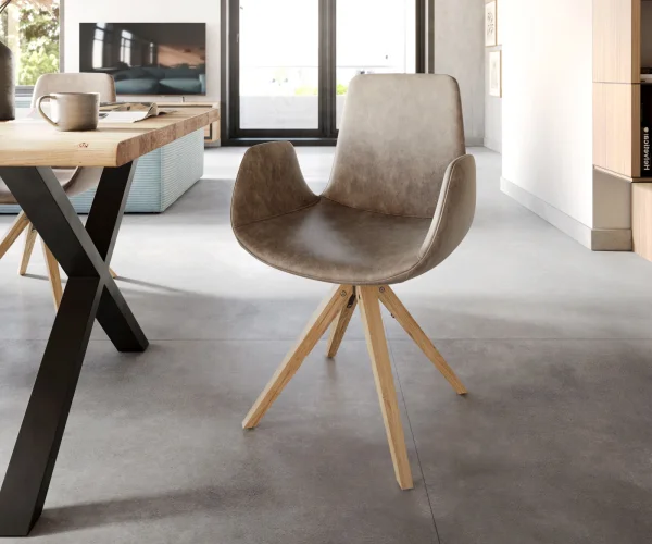 Esszimmerstuhl Ilia-Flex mit Armlehnen Mikrofaser Taupe Vintage Holzgestell kantig Natur
