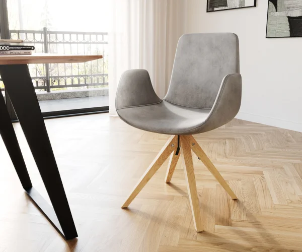 Esszimmerstuhl Ilia-Flex mit Armlehnen Samt Grau Holzgestell konisch Natur