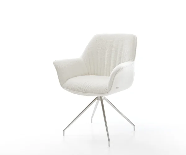 Esszimmerstuhl Keila-Flex mit Armlehnen Bouclé Soft Beige Kreuzgestell konisch Edelstahl