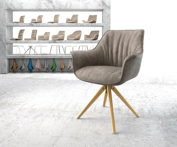 Esszimmerstuhl Keila-Flex mit Armlehnen Mikrofaser Taupe Vintage Holzgestell kantig Natur