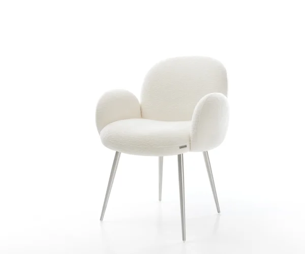 Esszimmerstuhl Nube-Flex mit Armlehnen Bouclé Soft Beige 4-Fuß konisch Edelstahl Taschenfederkern