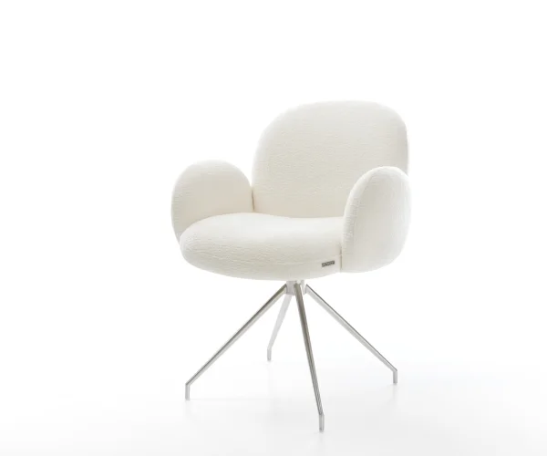 Esszimmerstuhl Nube-Flex mit Armlehnen Bouclé Soft Beige Kreuzgestell konisch Edelstahl Taschenfederkern