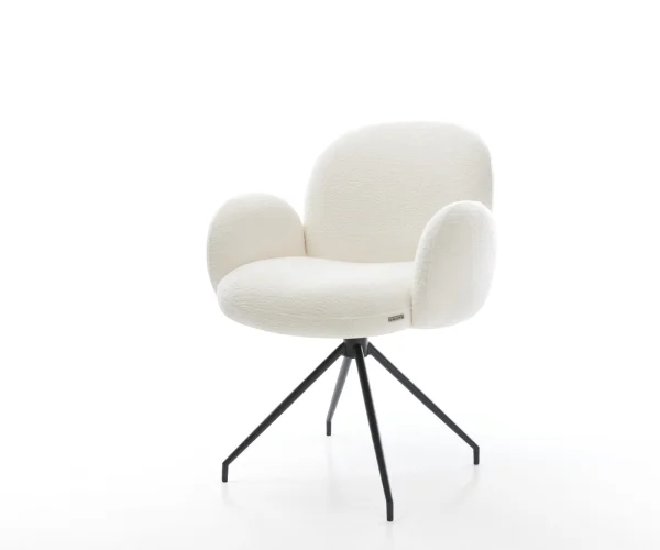 Esszimmerstuhl Nube-Flex mit Armlehnen Bouclé Soft Beige Kreuzgestell konisch Schwarz Taschenfederkern