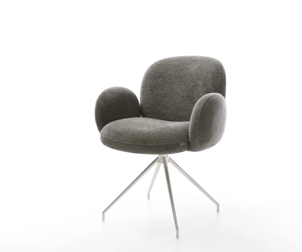 Esszimmerstuhl Nube-Flex mit Armlehnen Bouclé Soft Schlamm Kreuzgestell konisch Edelstahl Taschenfederkern