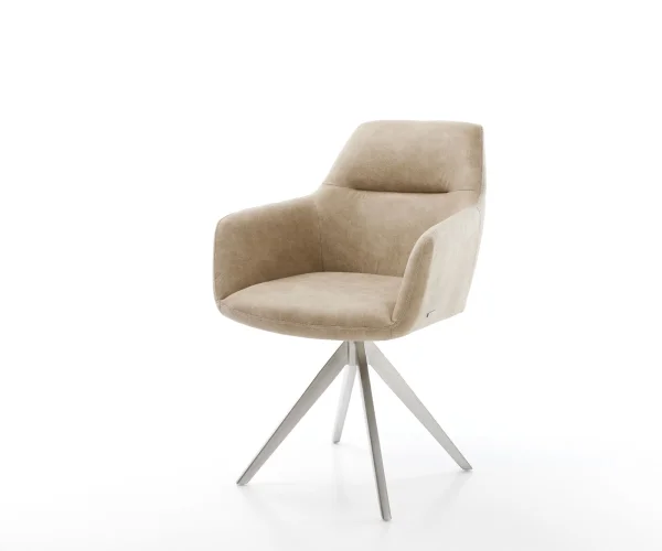 Esszimmerstuhl Pejo-Flex Mikrofaser Beige Vintage Kreuzgestell kantig Edelstahl Taschenfederkern
