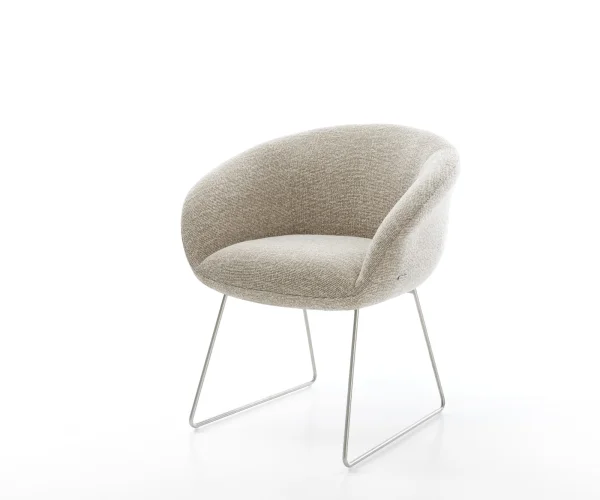 Esszimmerstuhl Vinka-Flex mit Armlehnen Webstoff Soft Beige Kufengestell Edelstahl Taschenfederkern