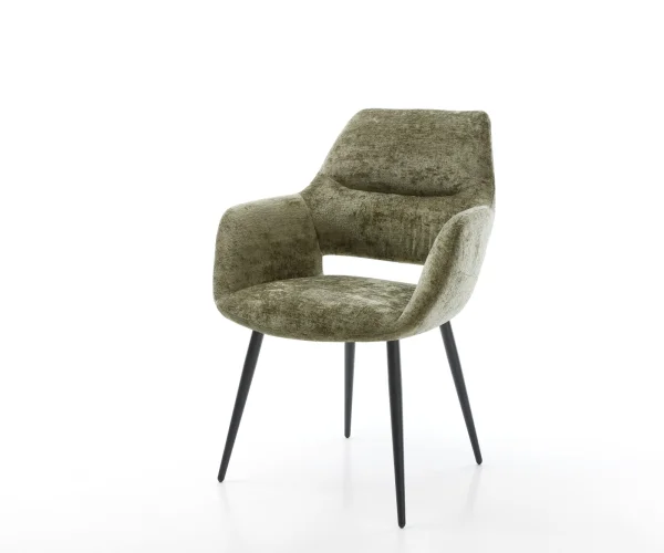 Esszimmerstuhl Yago-Flex mit Armlehnen Chenille Olive 4-Fuß konisch Schwarz Taschenfederkern