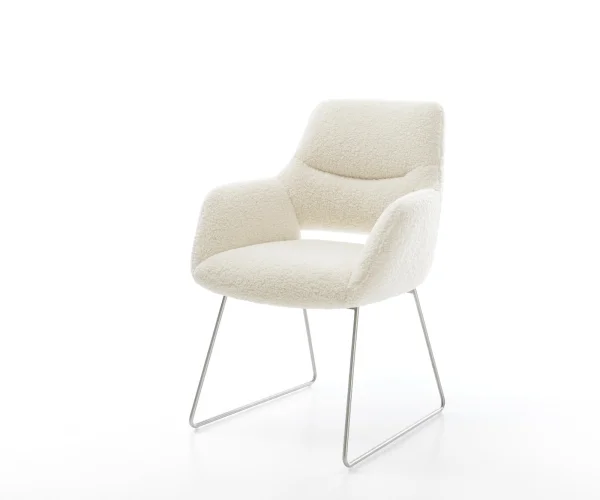 Esszimmerstuhl Yago-Flex mit Armlehnen Teddystoff Beige Kufengestell Edelstahl Taschenfederkern