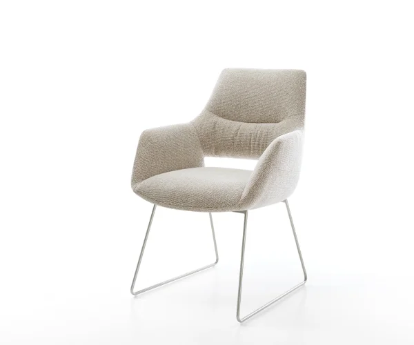 Esszimmerstuhl Yago-Flex mit Armlehnen Webstoff Soft Beige Kufengestell Edelstahl Taschenfederkern